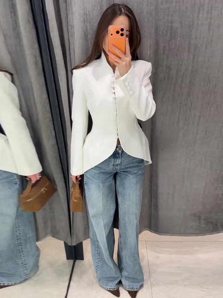 Einreihiger Taillierter Meerjungfrauen-Anzug Blazer für Damen Eleganter V-Ausschnitt Langarm Einfarbiger Schlanker Mantel Modische Damen-Oberbekleidung Neu – Detail 11