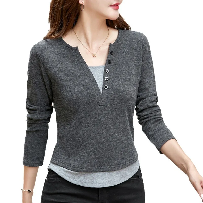 Spring Autumn Women\'s Pullover Hooded V-Neck Solid Button Patchwork Long Sleeve Undershirt T-shirt Office Lady Elegant Tops