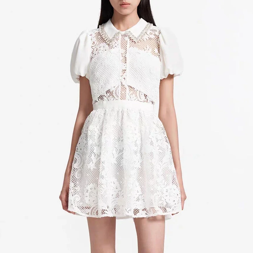 

2023 new Women White Mini Dress Puff Sleeve Embroidery Hollow Out dress