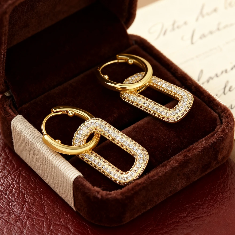 

Women's Full Diamond Rectangular Earrings Cool Fashion Gold Plating Cold Style Simple Earrings Geometric Round Ear Jewelry