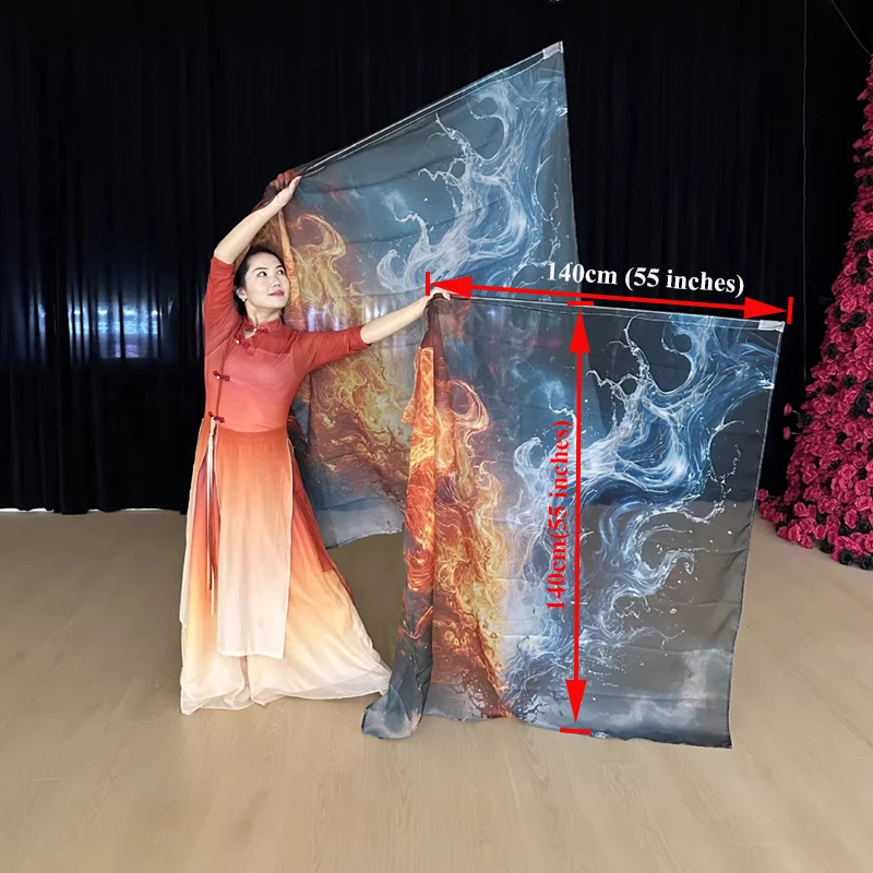 2pcs Praise Dance Worship Flags Flowing Ice Flame Flag With Scalable Rod Rectangle Chiffon Church Banners Stage Performance Prop