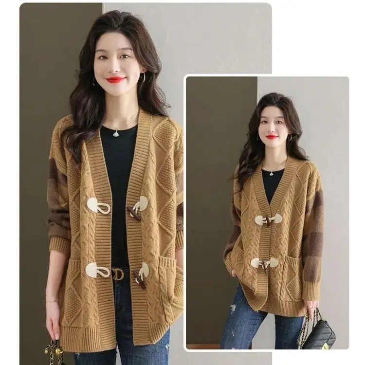 Spring and Autumn Horn Button Mid Length Sweater Cardigan Jacket Women\'s New Fashion Loose Knitted Cardigan Exterior