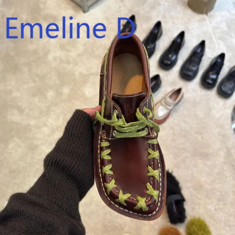 

Retro Loafers Casual Trendy Square Toe British Style Leather Shoes Commuting Niche Woven Design Derby Shoes for Men and Women