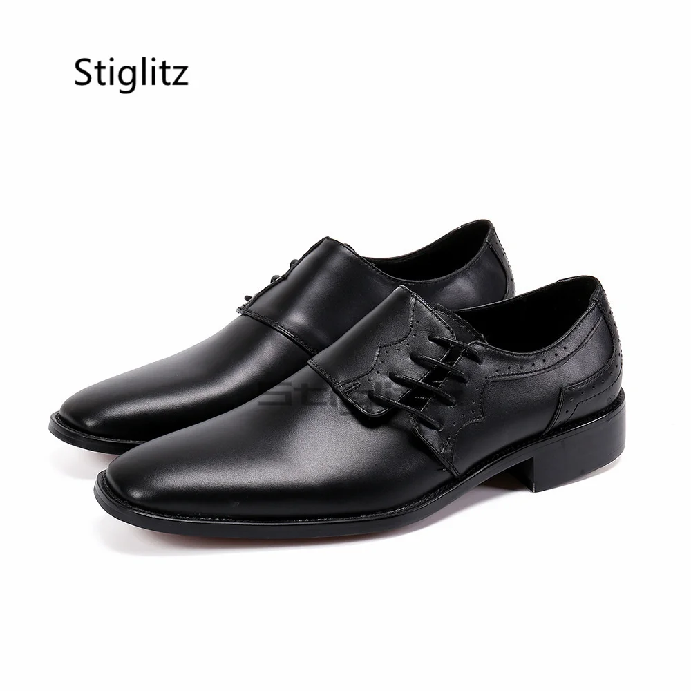 

Men's Genuine Leather Brogue Shoes Black British Style Lace Up Small Square Toe Business Casual Office Shoes Wear-Resistant