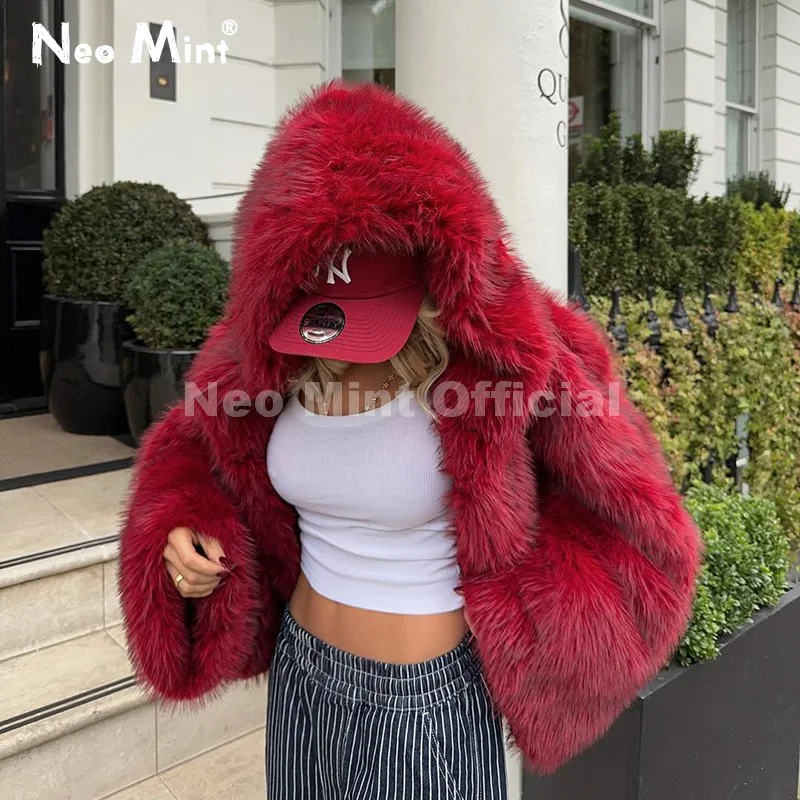 Neo Mint Y2k Brand Fashion Christmas Red Hooded Faux Fur Coat 