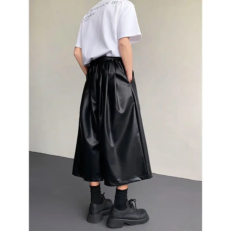 الرجال بولي Leather الجلود واسعة الساق تنورة السراويل الشارع الشهير موضة الشرير القوطية فضفاضة عادية العجل طول سراويلي حريمي النساء السراويل