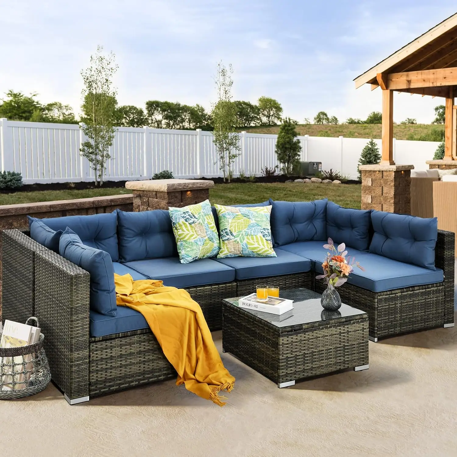 

7 Pieces Patio Furniture Set, All-Weather PE Rattan Outdoor Conversation Set,Wicker Sectional Sofa Couch with Table and Cushions