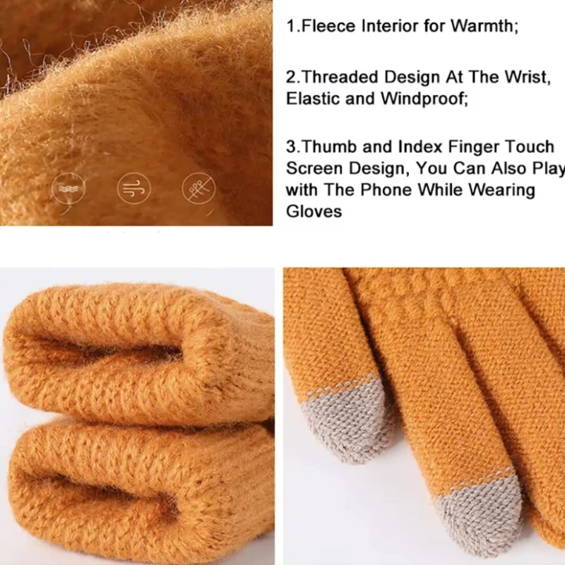 1Pair Women Men Warm Winter Touch Screen Gloves Stretch Classical Knit Mittens Wool Full Finger Outdoor Cycling Driving Glove