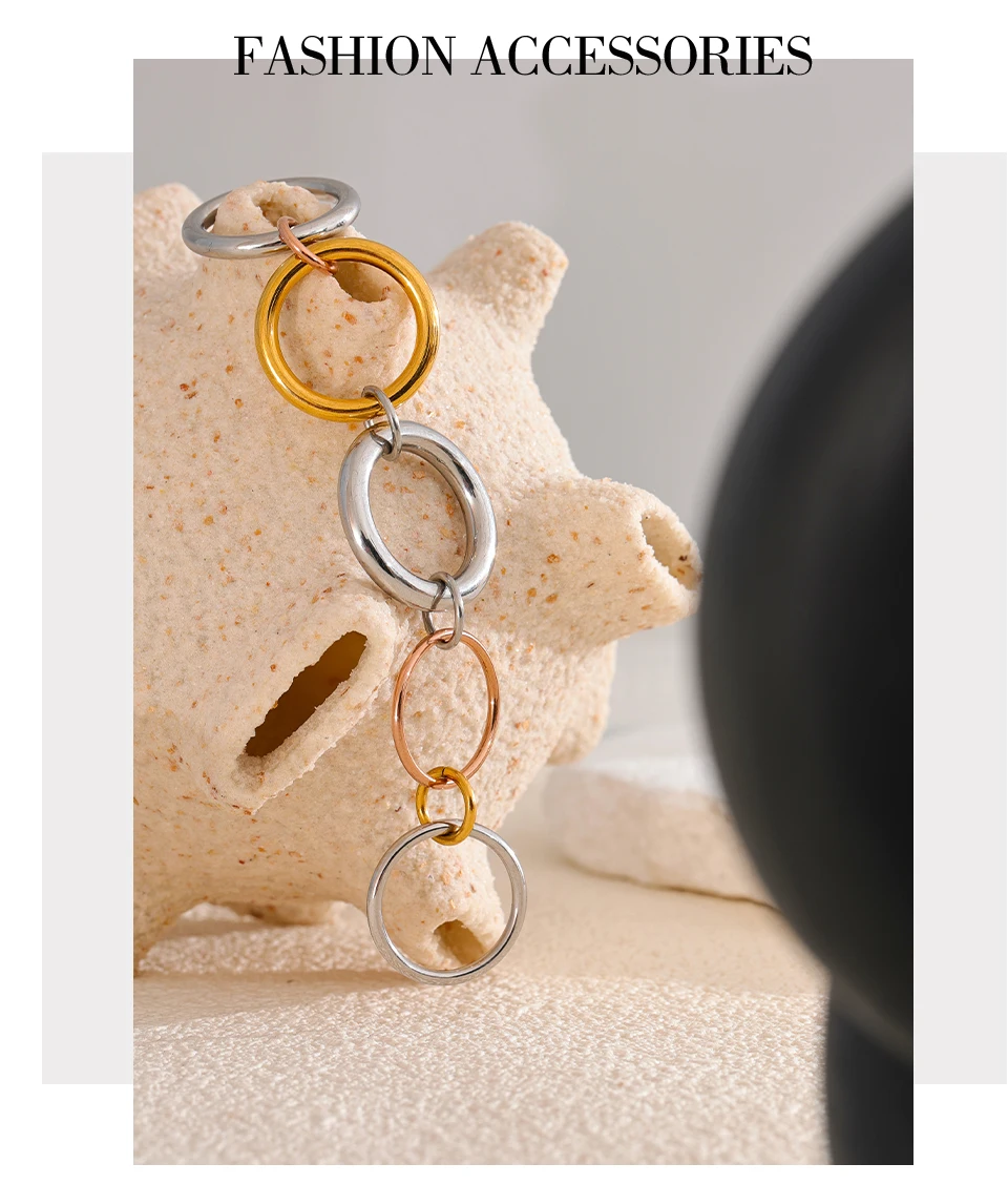 Yhpup Edelstahl, 3 Farben, 5 Glieder, gestapelte Ringe, PVD-Schmuck, echt vergoldet, für Damen – Detail 9