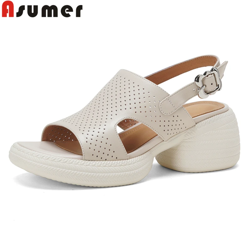 ASUMER Fashion New Genuine Leather Sandals Women Shoes Square High Heels Sandals Platform Summer Party Dress Shoes