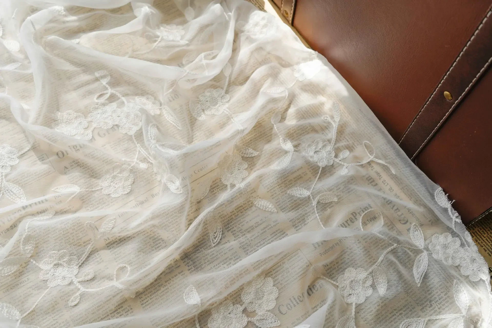 New White Flower Embroidered Chiffon Crepe Fabric For Wedding Dress Shirt Dress Designer Fabric Tulle Fabric By the Meter