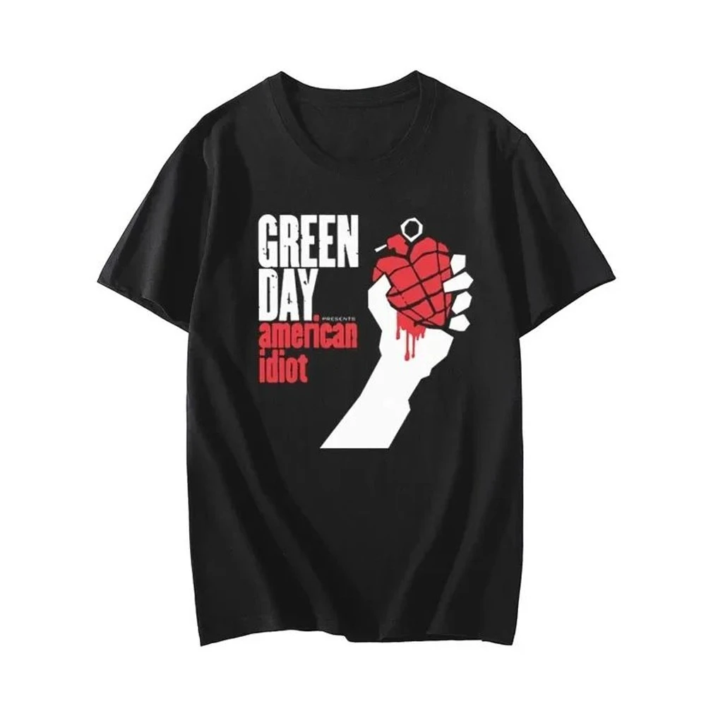 2026 Trendy Green Day American Idiot Rock T Shirt Grenade Fist Front Print Vintage Band Unisex Casual Cotton Short Sleeve Tee
