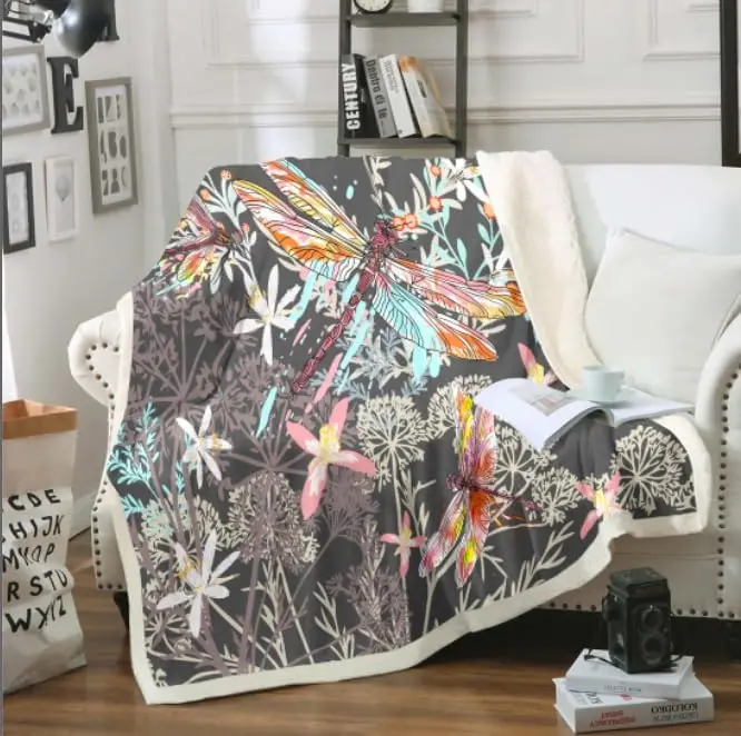Decorative Botanical Dragonfly Butterfly Print Throw Blanket for Boho Cottagecore Sofa Home Decor Fall Spring Gift