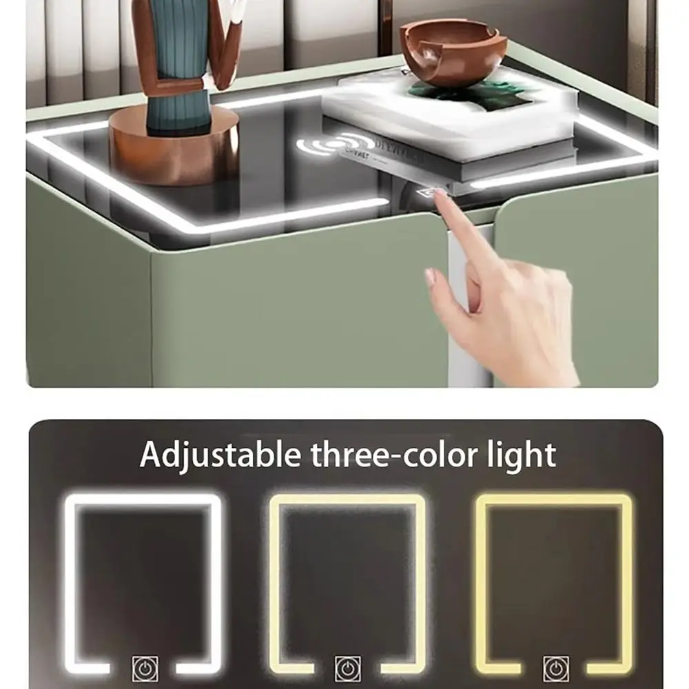 22 フルートナイトスタンド、引き出し3つ、USB充電器、LEDライト付き、ホワイト＆カーキアクセントテーブル