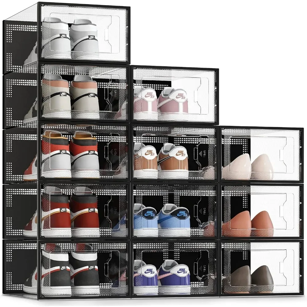 XX-Large 12 Pack Shoe Storage Box, Clear Plastic Stackable Shoe Organizer for Closet, Shoe Rack Sneaker Containers