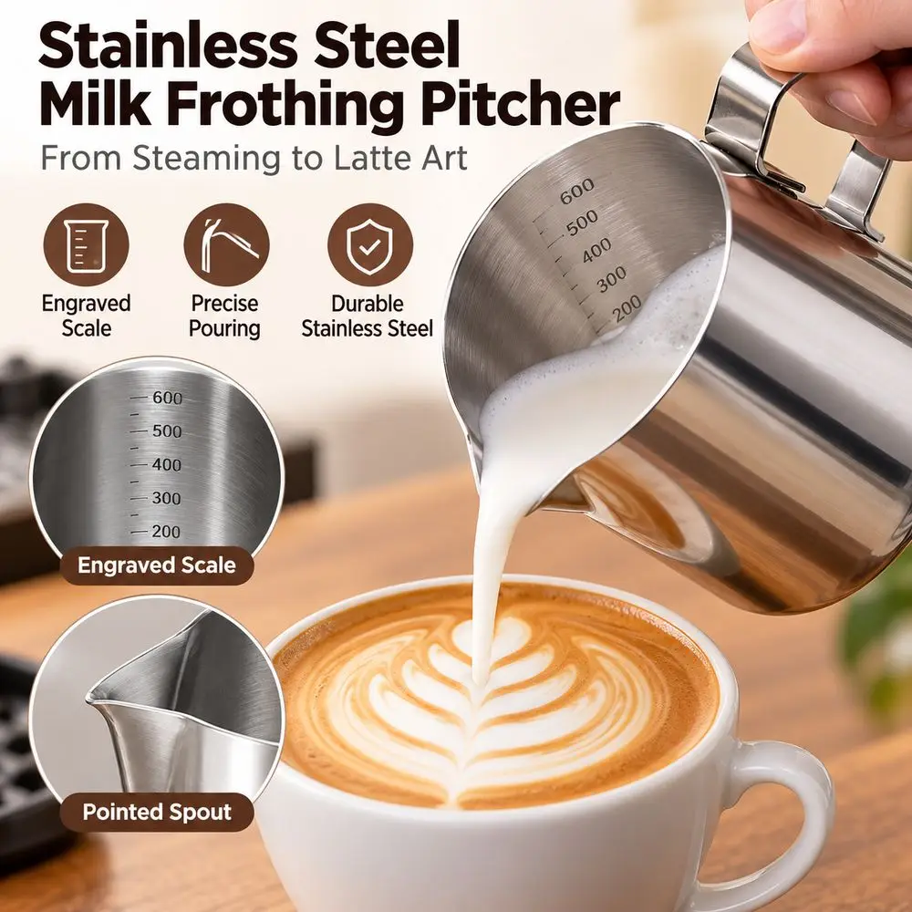 Stainless Steel Latte Art Cup Pointed Spout Large Capacity Graduated Measuring Cup Silver Tone Interior Scale Marking