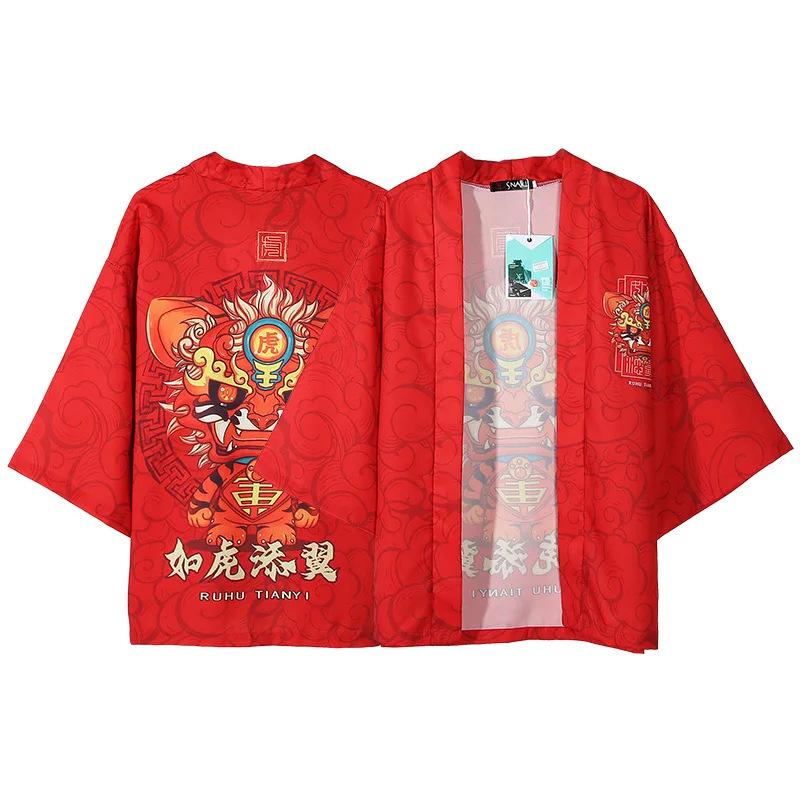 

Japanese Style Casual Red Tiger Print Kimono Streetwear Men Women Fashion Cardigan Harajuku Anime Thin Robe Clothes