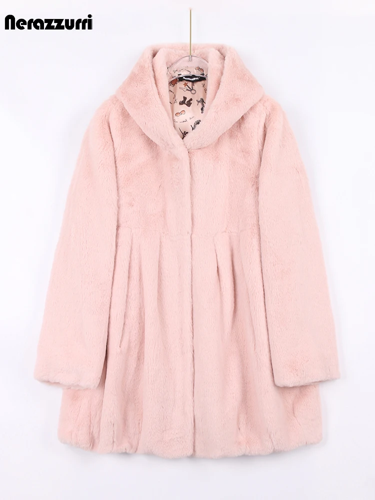 Nerazzurri Spring Autumn Pink Pleated Soft Light Faux Fur Coat Women with Hood High Waist Fluffy Jacket Casual Korean Clothes