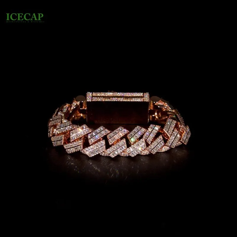 Iced Out 22mm 2 Rows Baguette Moissanite Cuban Link Chain Rose Gold S925 Sterling Silver Hiphop Cuban Link Necklace