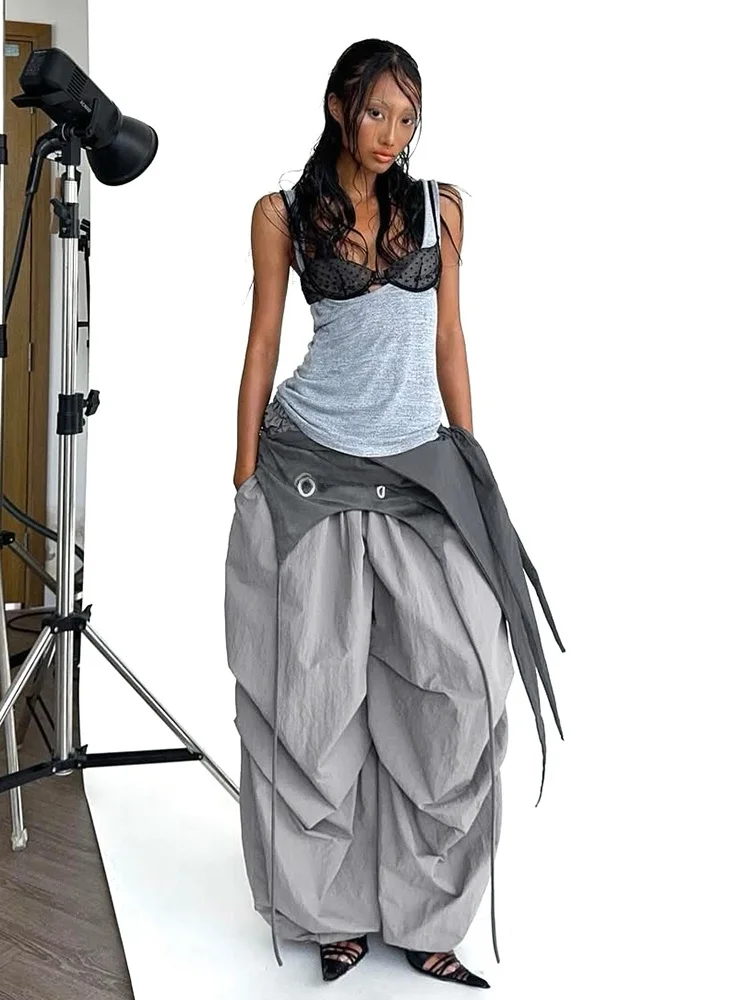 

WEIRD PUSS Hip Hop Mist ey Csole Women's Dstring Waist Cinching Tank Top with Polka Dot Inner Wear Casual Pants Set