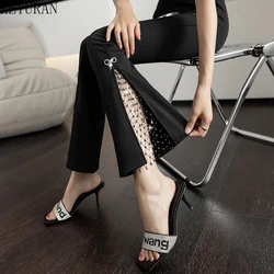 2024 Spring Summe New Mesh Diamond Split High Waist Drape Flare Pants Women Slim Black Casual Nine-point Trousers Fmeale