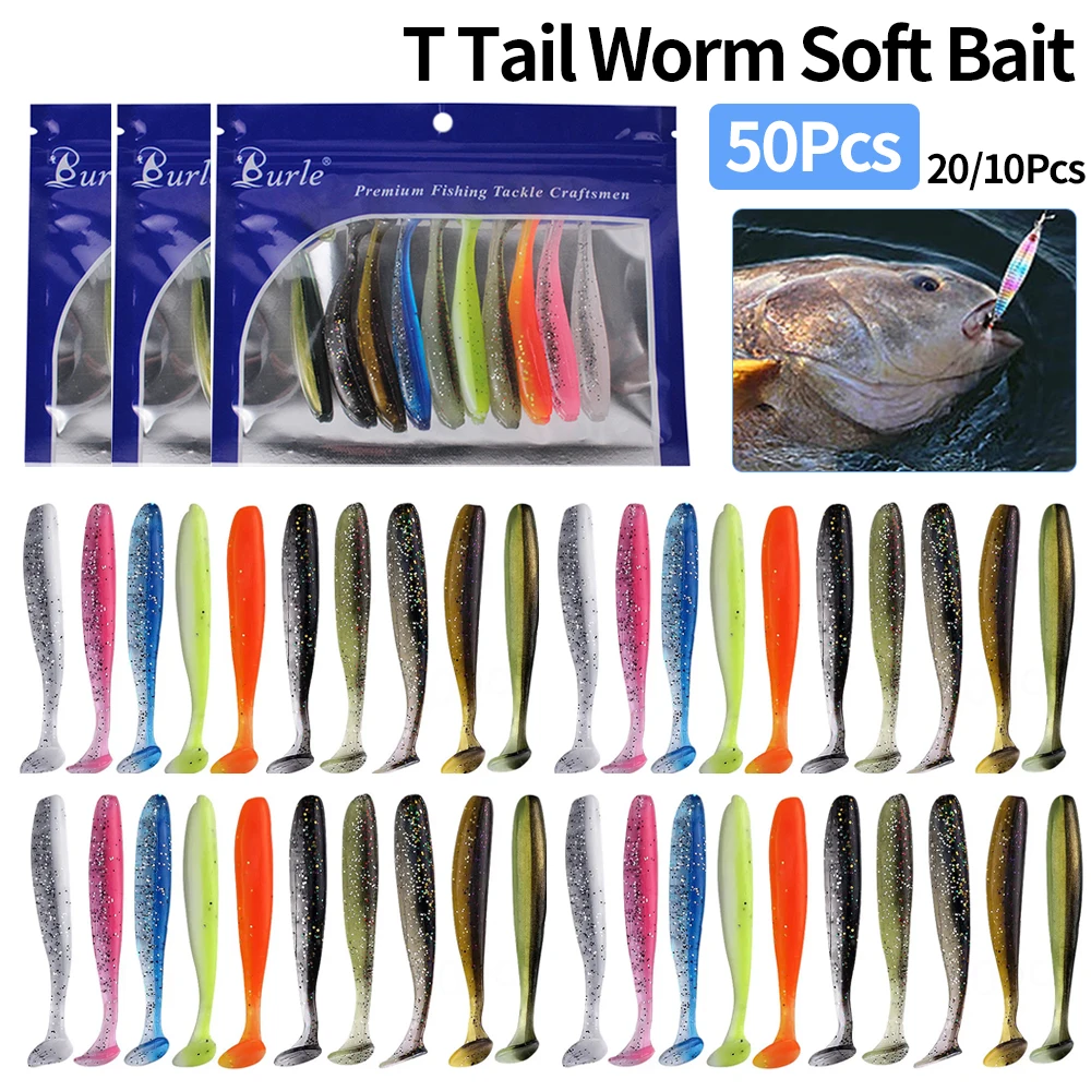 50/20/10Pcs Fishing Lure 9cm T Tail Worm Soft Bait Easy Shiner Silicone Lures Artificial Rubber Bait Jig Wobblers For Bass Pike