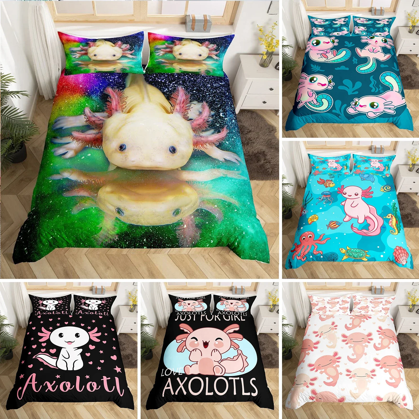 

Cartoon Axolotl Duvet Cover Set King/Queen Size Kids Girls Boys Cute Rainbow Sea Wildlife Animal Reptile Polyester Bedding Set