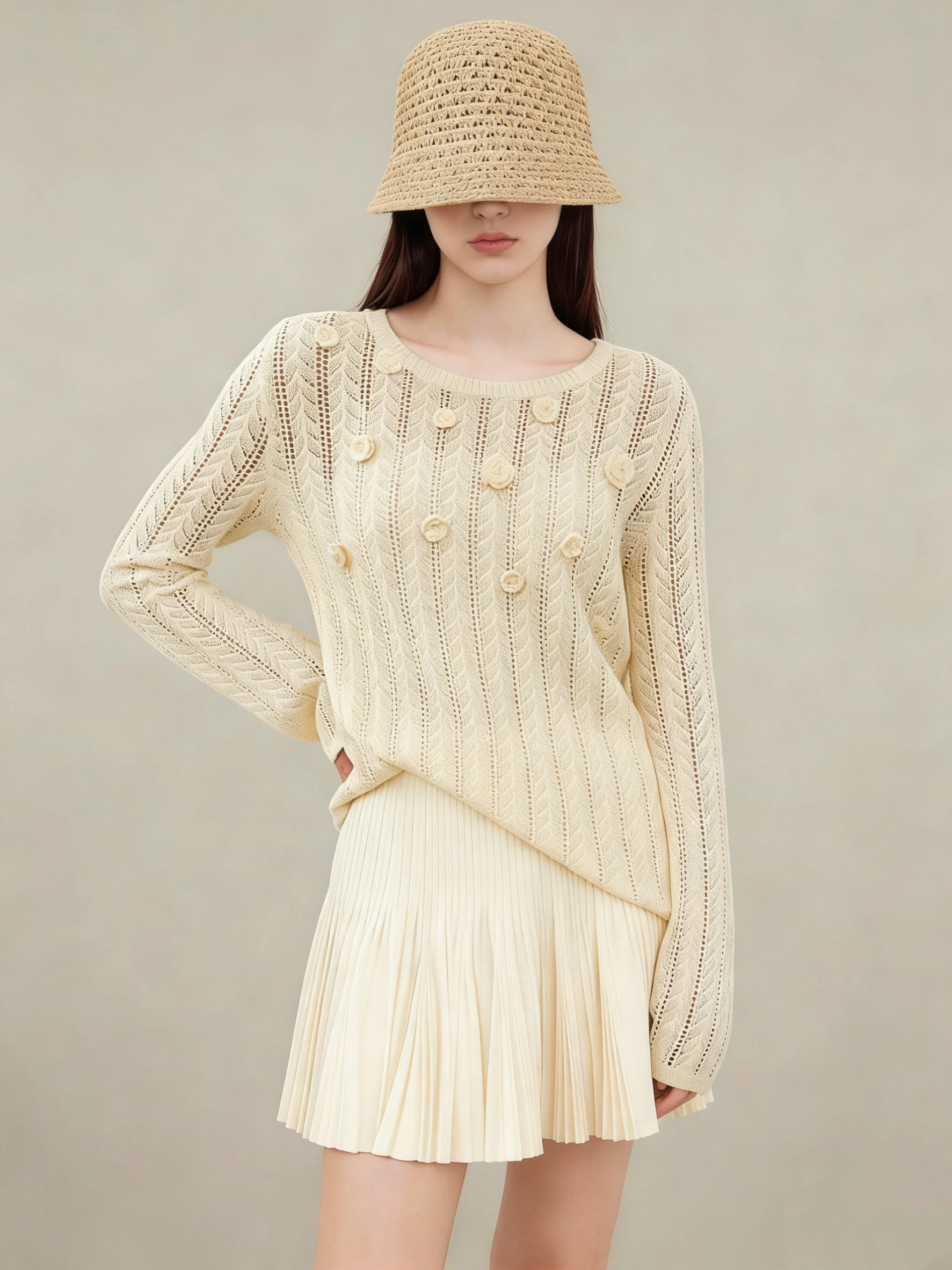 

Miu Sle Knitted Cover up irt Hollow out 3D Hook Flower Design Spring New Women's Unique Beautiful Retro Sle Long Sve