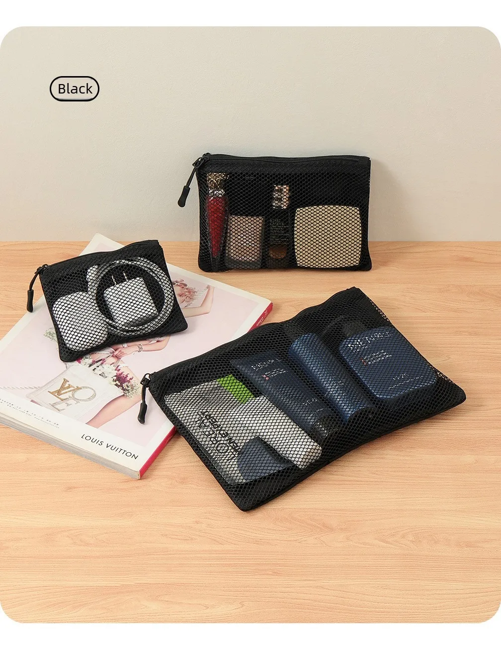Mesh-Tech-Organizer-Tasche mit Doppelreißverschluss aus Polyester für Kabel, Ladegeräte, tragbare Reise-Make-up-Aufbewahrungstasche für den Heimgebrauch – Detail 13
