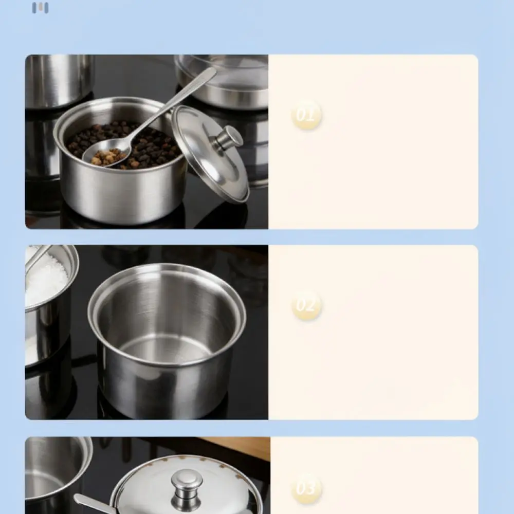 Elegant Stainless Steel Spice Organizer With Spoon Kitchen Seasoning Pot Anti Bacterial Container For Daily Chef Usage