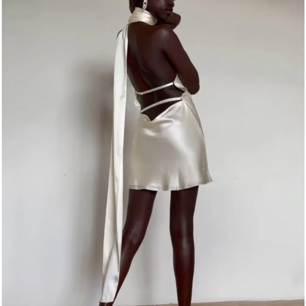 New Solid Backless Slimming Mini Sexy Dresses for Women Halter Sleeveless High Waist Temperament Satin Dress Female