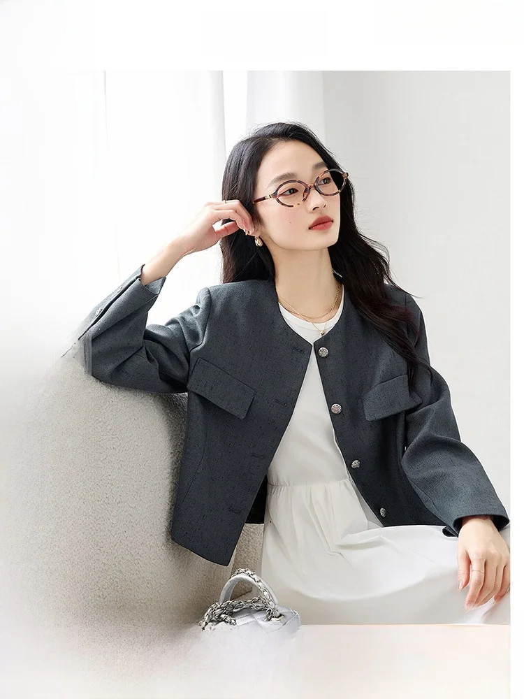 

Женская свободная модная верхняя одежда Ele ort для повседневной носки, осень 2025, на пуговицах, из полиэфирного волокна, с длинными рукавами, круглый вырез