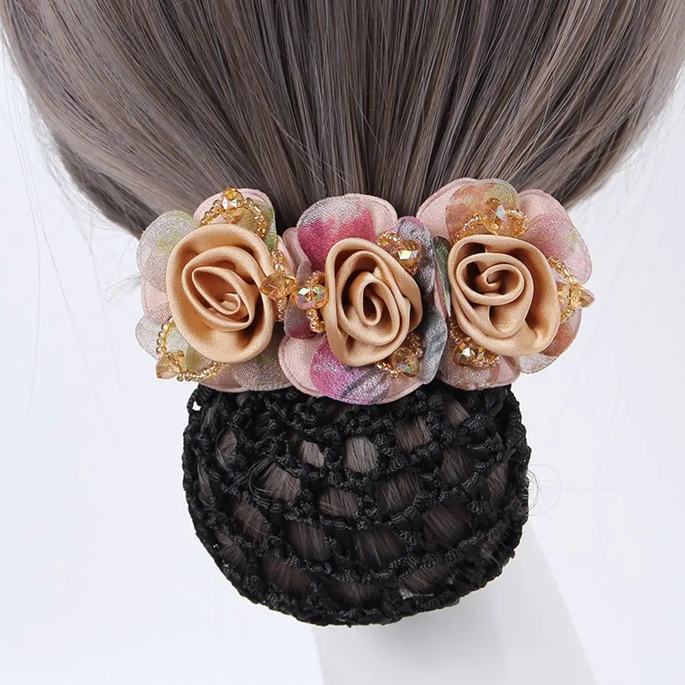 Elegant Mesh Flower Crystal Bun Snood Zircon Spring Clips For Women Nurse Hair Clip Hairnet Cover Hairpins Girls Bun Net