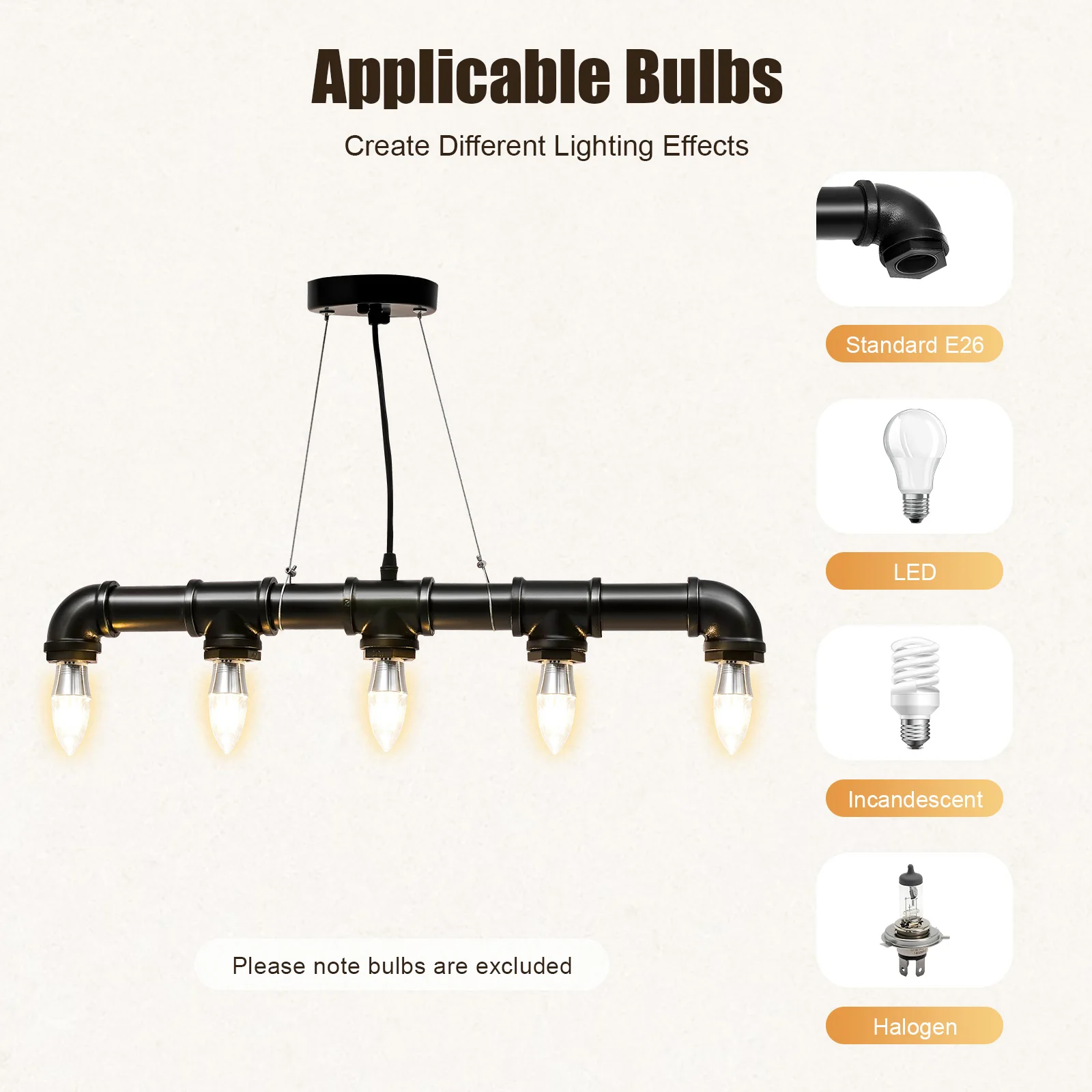 

E27 Bulb Pipe Pendant Lamp Vintage Industrial Steampunk Hookah Chandelier Pendant Light Loft Ceiling Lamp Height Adjustable