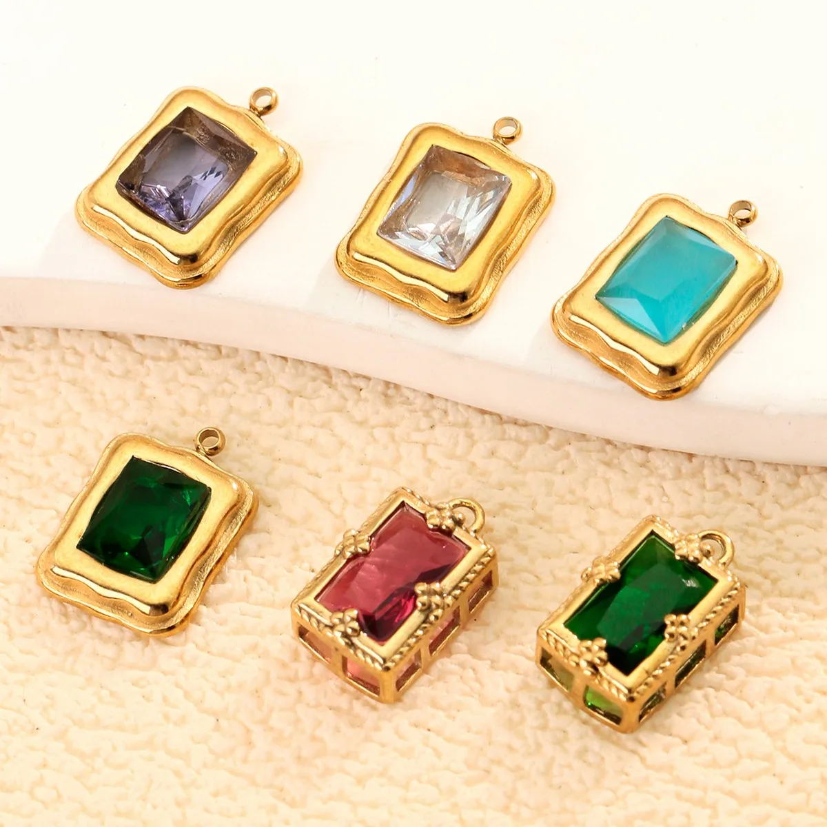 Stainless Steel Colored Gemstone Rectangular Emerald Style Pendant, DIY Necklace Jewelry Charm, Color-Keeping Steel Jewelry Gift