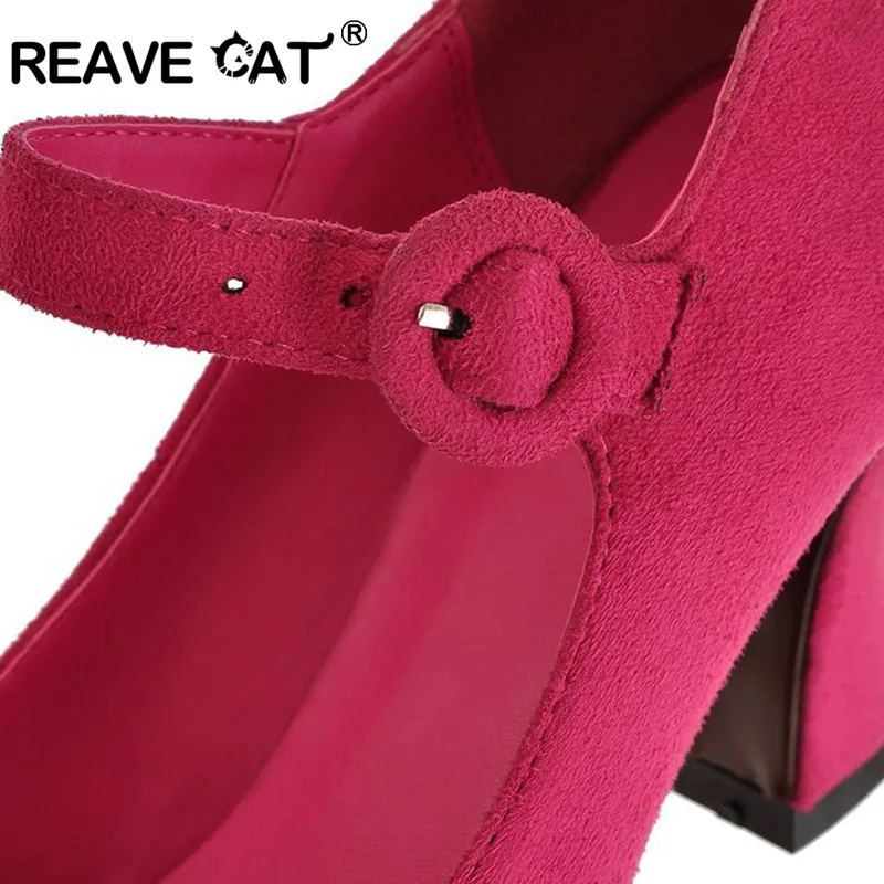 REAVE CAT Big size 34-43 Women high heels Pumps Flock Pointed toe Hoof heels Buckle Fashion Black Red Blue QL4622