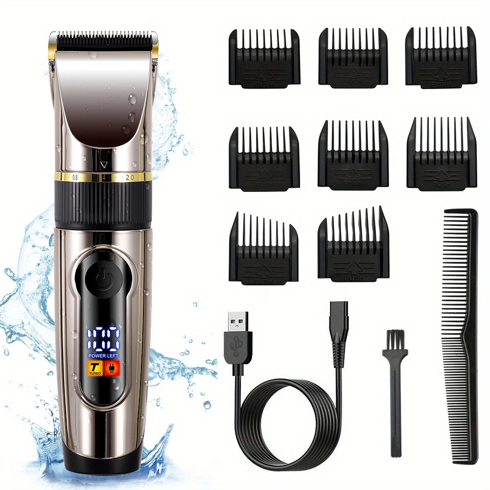 Professional Men's Hair Clipper with 8 Guide Combs USB Rechargeable IPX6 Waterproof 2-Speed Adjustable LCD Display for Barber