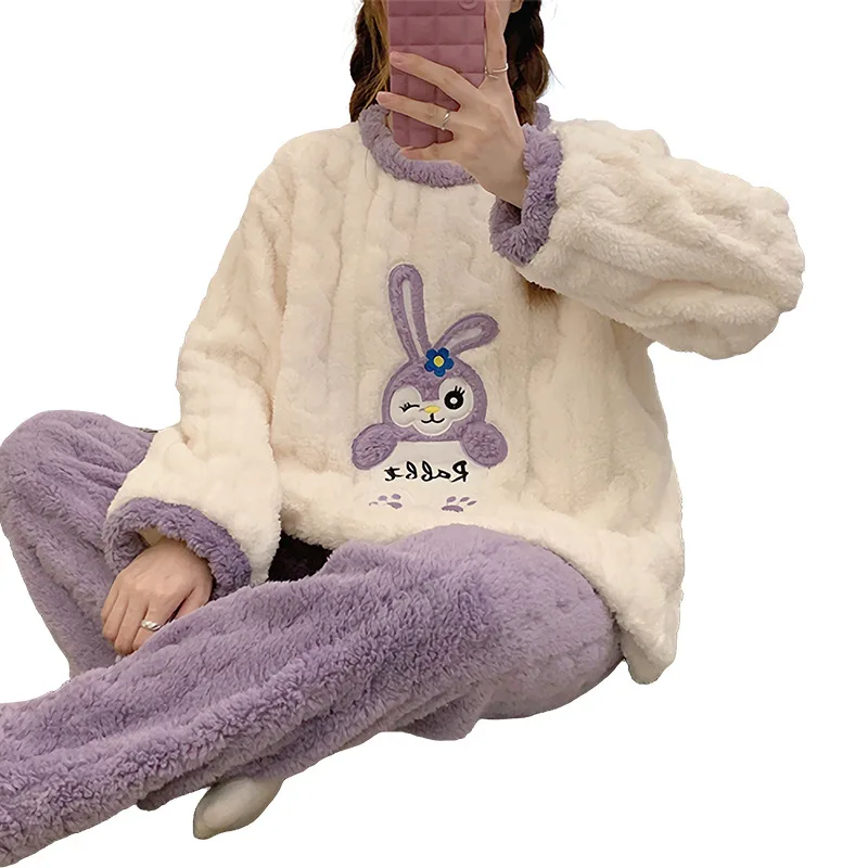 Autumn and Winter Pajamas Ladies Flannel Homewear 2023 Round Neck Long Sleeve Warm Lovely Embroidered Rabbit Can Be Worn Outside