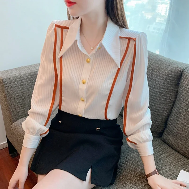 Elegant Long Sleeve Chiffon Shirts Women Autumn Winter Korean Fashion Clothing Blusas Mujer Striped Office Ladies Tops Blouses