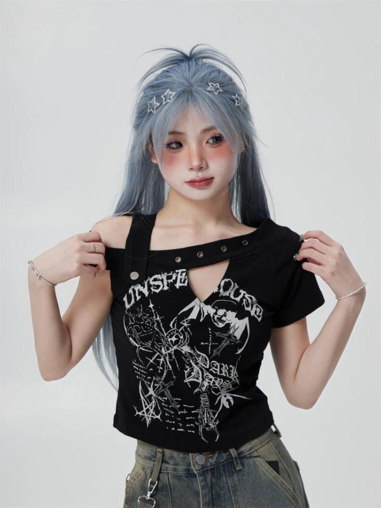 Streetwear Skew Collar One Shoulder Tees 2024 stampa Vintage Harajuku Crop top Fairy Grunge Slim t-shirt donna Y2k estetica