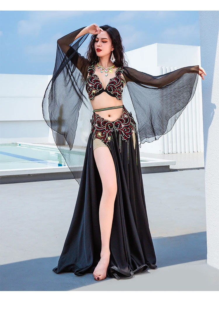 Belly Dance Clothes Suit for Women Oriental Dance Outfit Bra+long Skirt Sleeves 3pcs Customzied Adult Belly Dancing Popsong Set