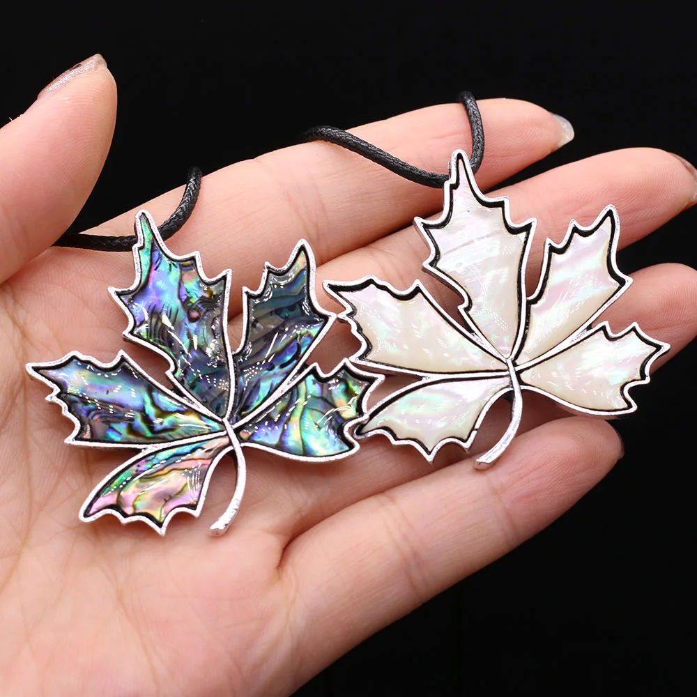 Natural Abalone Shell Pendant Necklace Vintage Maple Leaf Shape Alloy Brooch Necklace With Leather Rope Charm Jewelry For Women