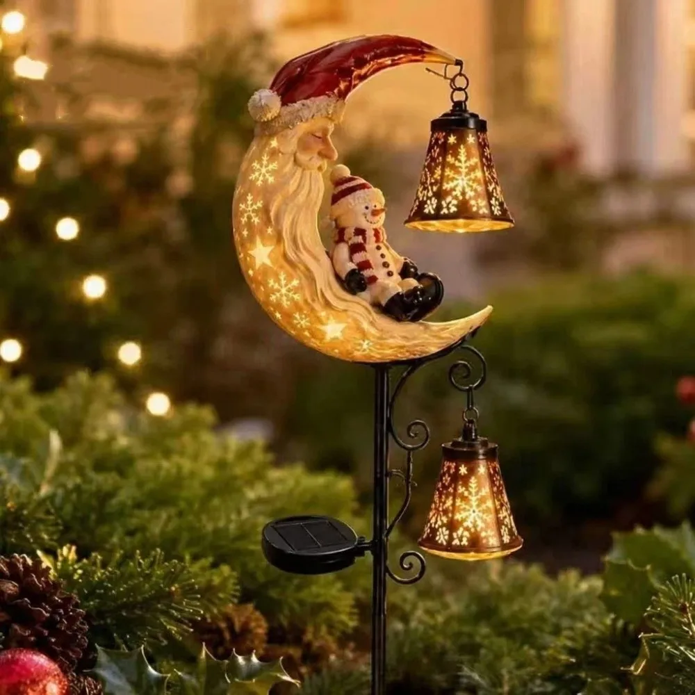 LED Glowing Christmas Moon Solar Stake Light with Bell Waterproof Xmas Garden Stake Lamp Iron Metal Hollow Lantern