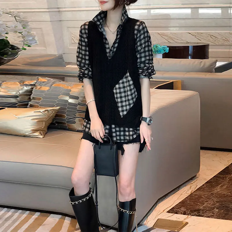 Female Clothing Plaid Polo-Neck Blouse Casual Spliced Knitted Sweater Vest Fashion Fake Two Pieces All-match Long Sleeve Shirt