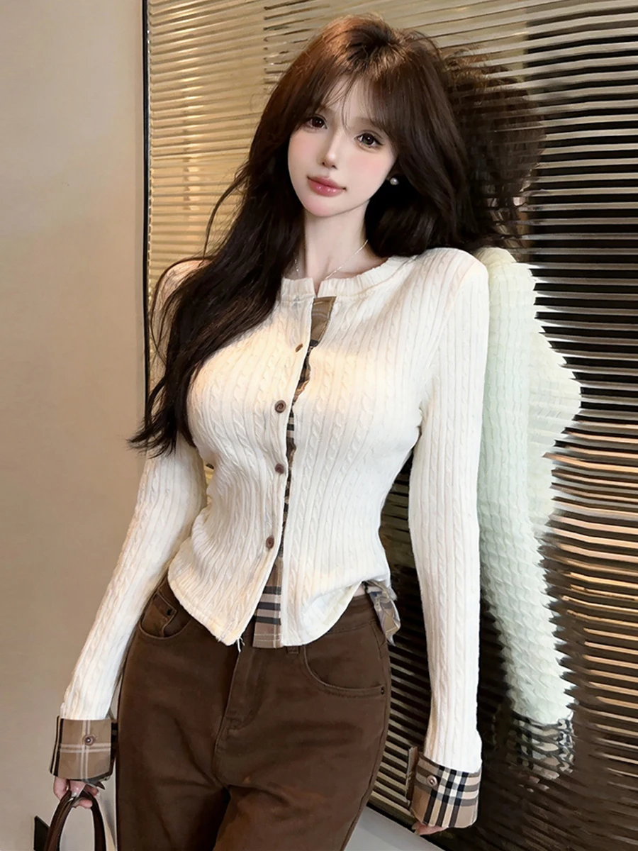 Korean Style Soft Long Sleeve round Neck Splice Ribbed Slim Fit Plaid Open Cardigan Single Button Fashionable Knitted Sweater...