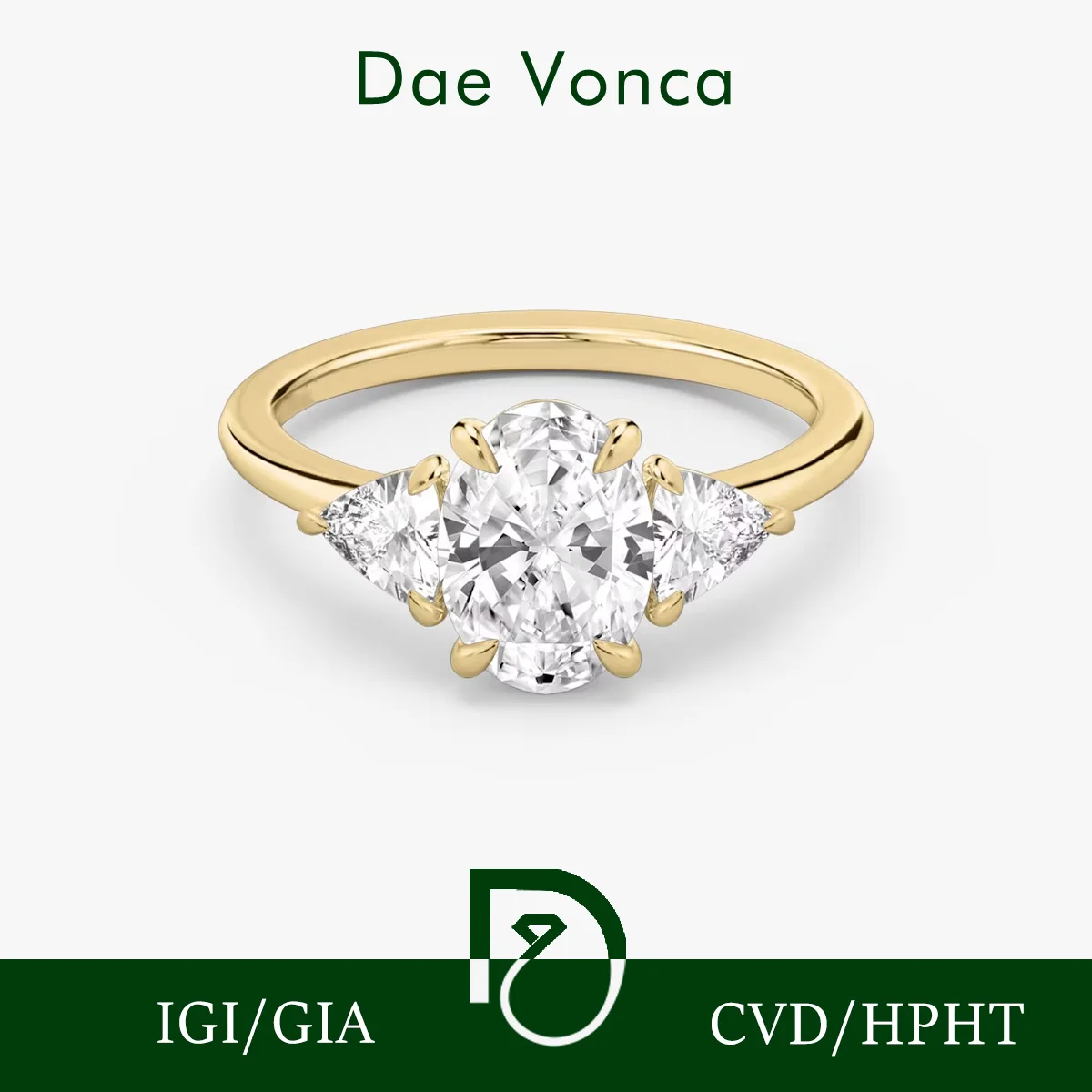 Three Stone Style Lab Diamond Ring Oval and Fat Triangle Lab Create Diamond Ring 9K/14K/18K Yellow Gold Delicate Engagement Ring