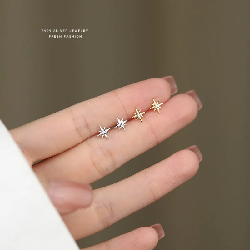 S925 Sterling Silver Cubic Zirconia Eight-pointed Star Design Symmetric Earrings for Women Suitable for Daily Wear Gift