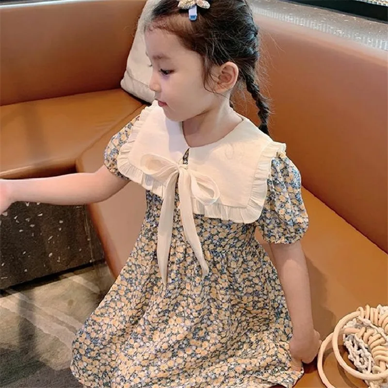 

vintage Bohemian girls dress bow floral chiffon princess dress kids clothes toddler baby vestidos puff sleeve 2 to 10 years