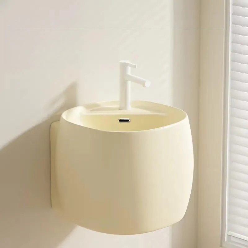 Modern Wall Mounted Irregular Ceramic Polished Integrated Single Hole Faucet Drainer Hanging Sink for Hotel Apartments