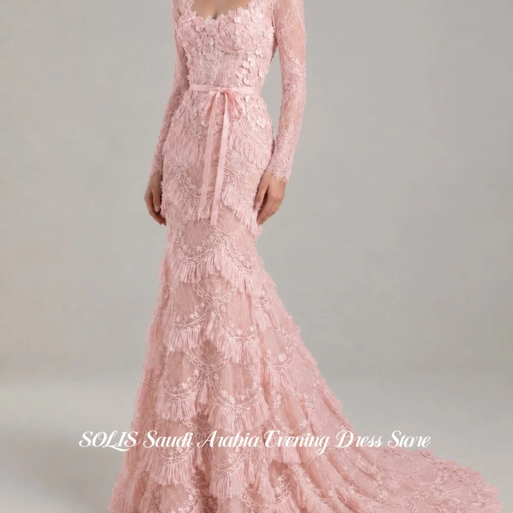 SOLIS Pink Mermaid Prom Dress Sweetheart 3D Floral Lace Corset Fringe Skirt Luxury Arabic Evening Dress Party Dress Customized
